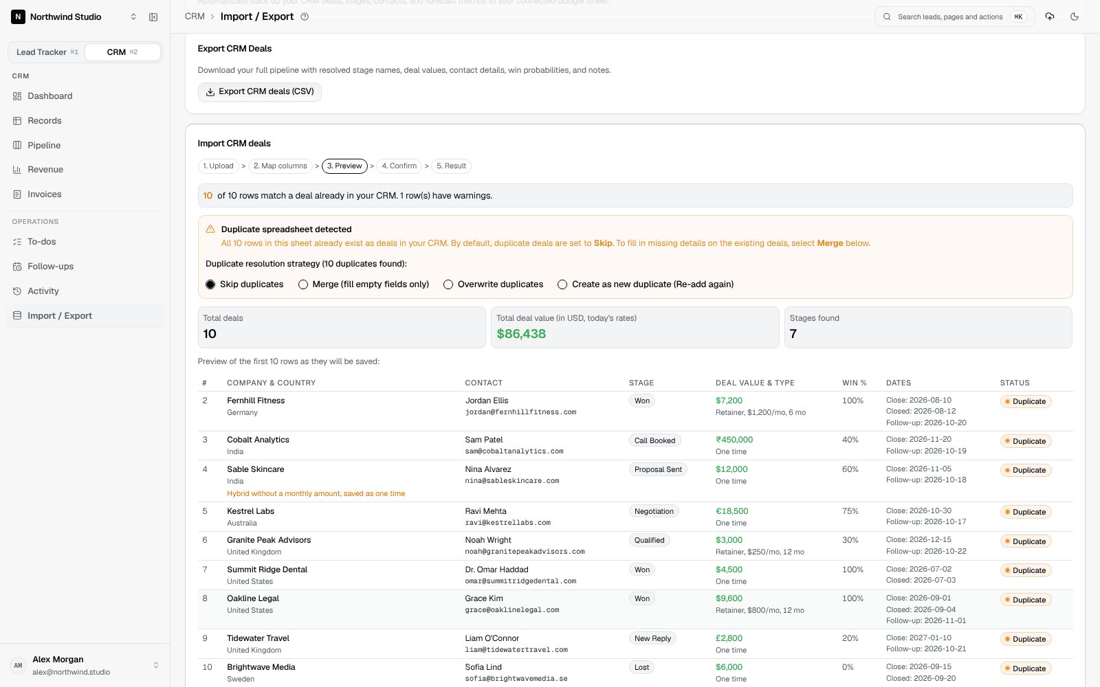 The CRM import preview with duplicate options and each deal as it will be saved