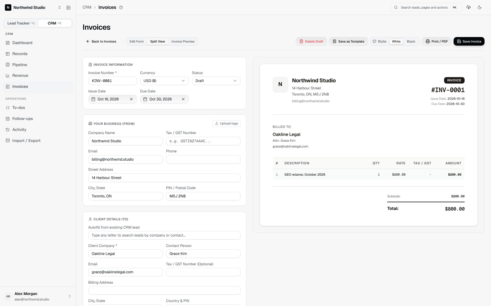 The invoice editor with a live preview