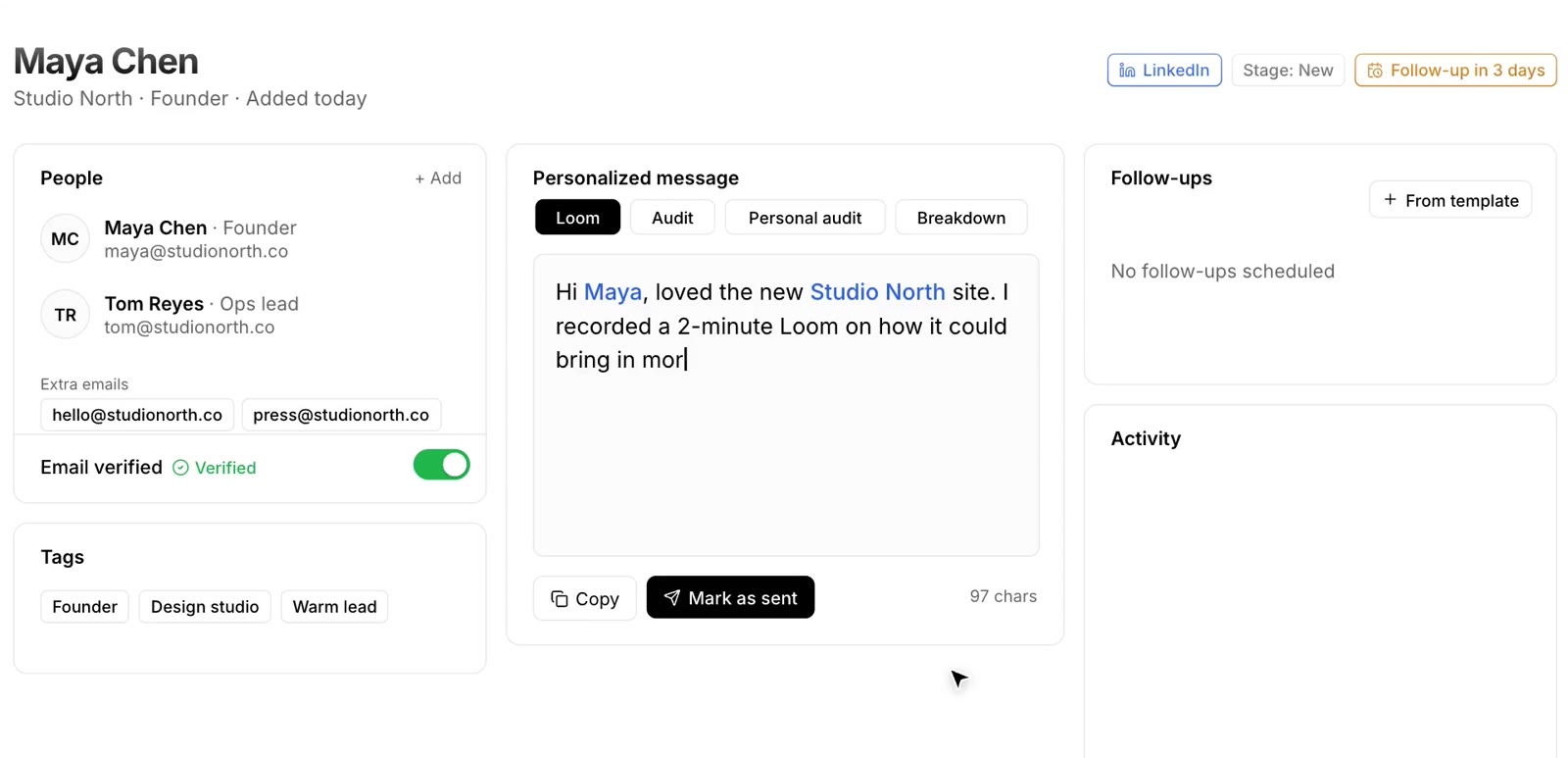 A lead in Tracker with contacts, links, message angle and activity timeline