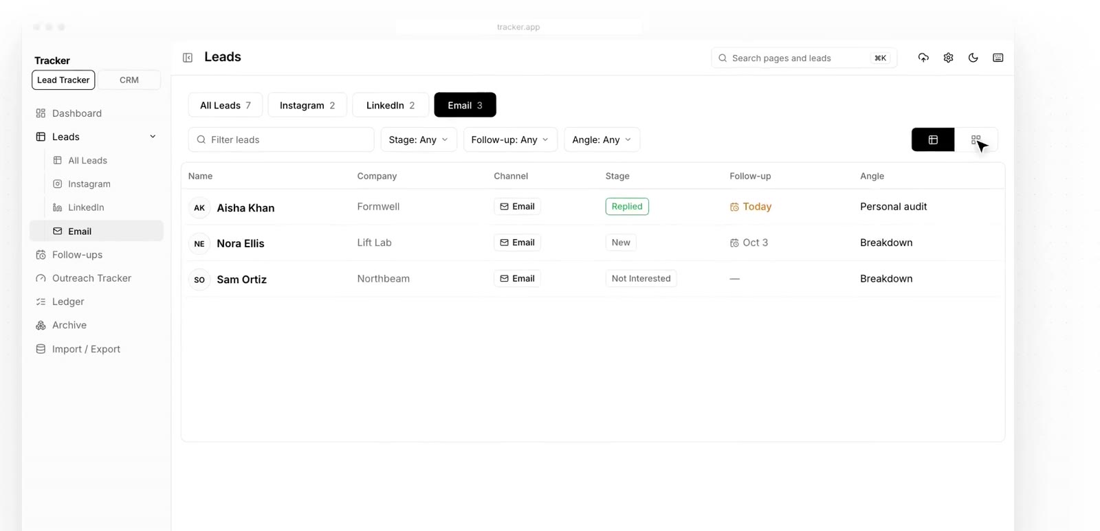 Tracker leads table with stage, follow-up date and angle