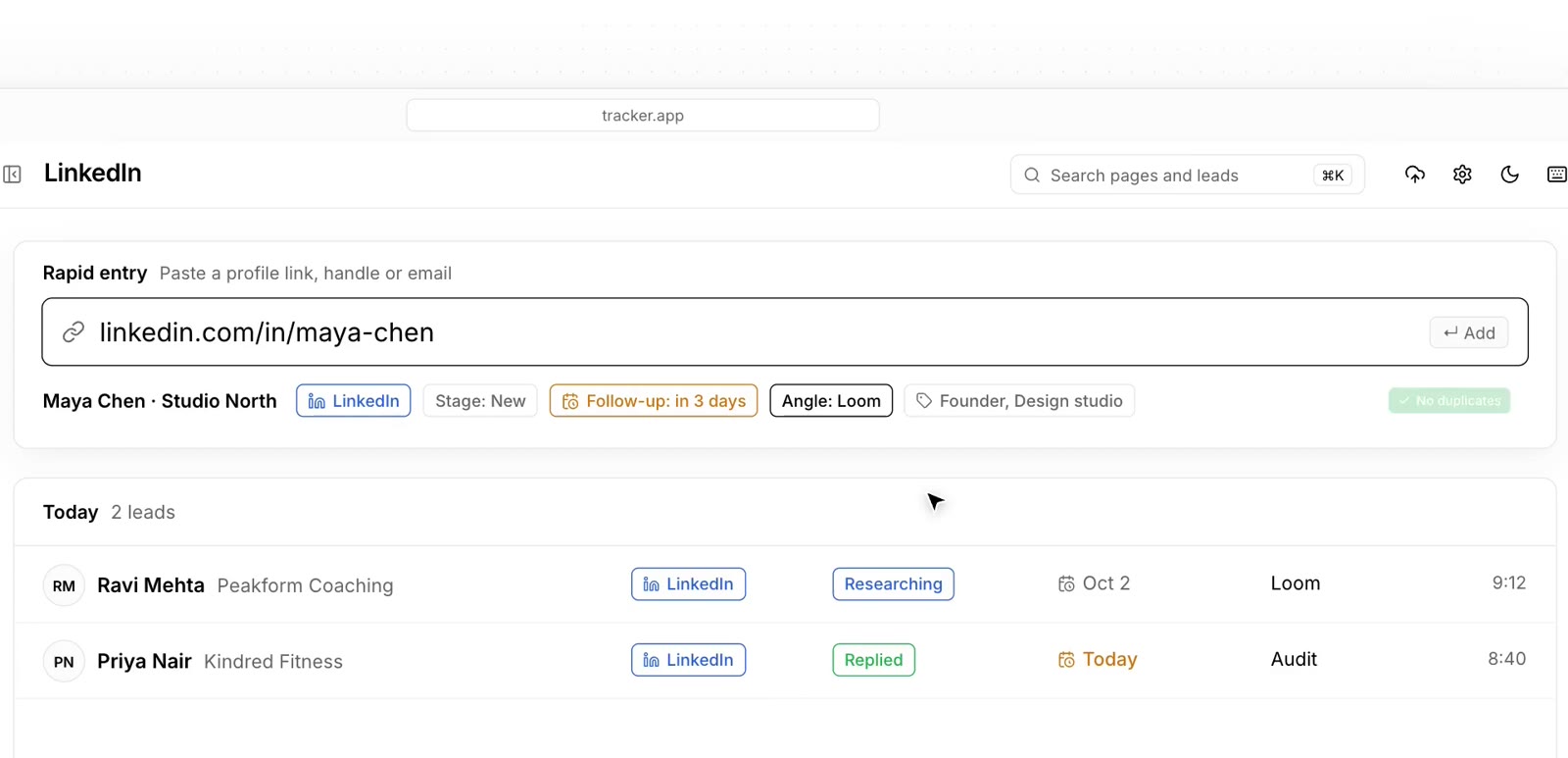 Adding a lead in Tracker by pasting a profile link