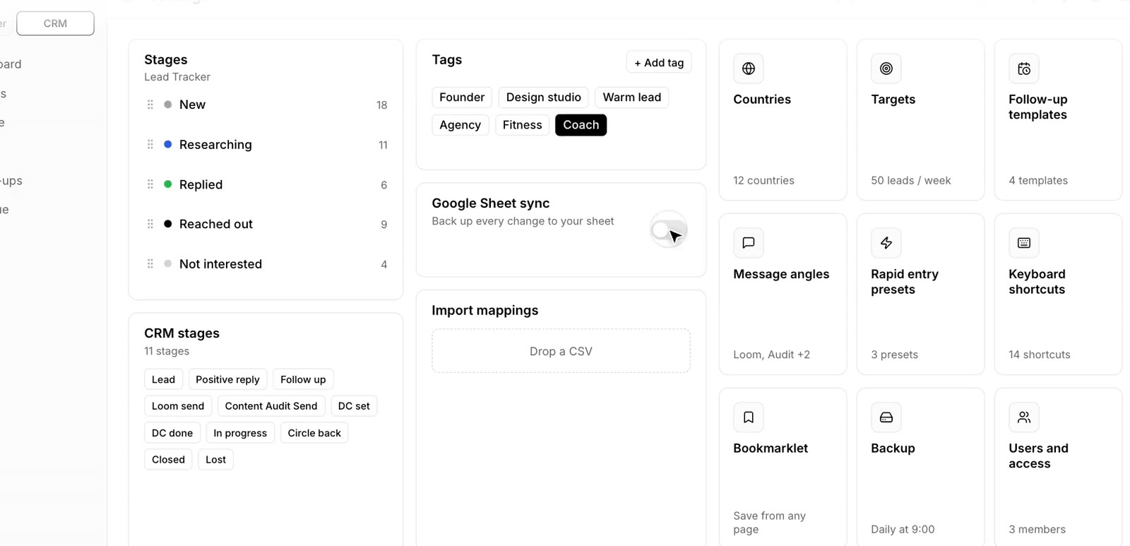 Tracker settings where stages, channels, tags and targets are customized